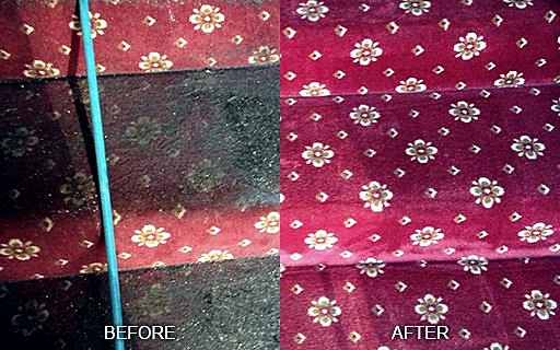 A soiled carpet before cleaning and the same carpet after
