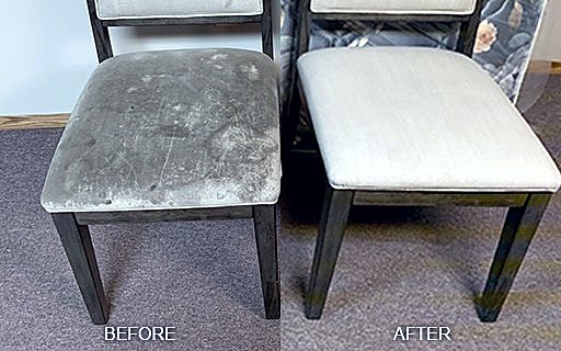 A dirty upholstered chair before cleaning and after